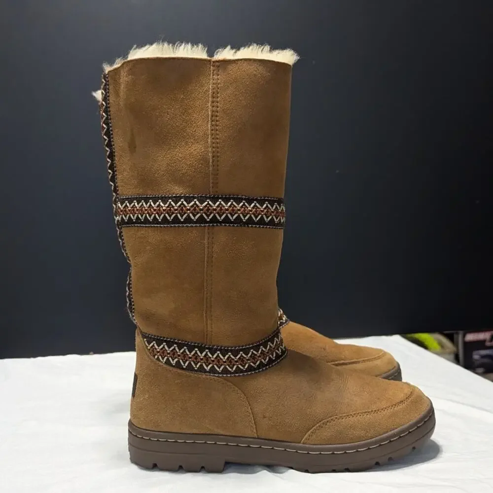 UGG Sundance Revival Shearling Boots Sheepskin Chestnut Tan Womens 7 Winter Cozy